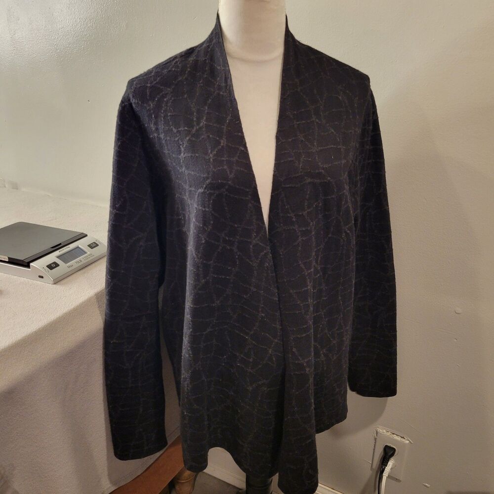 Eileen Fisher Sizez 1X Black Gray Mosaic Merino Wool Blend Open Cardigan Sweater